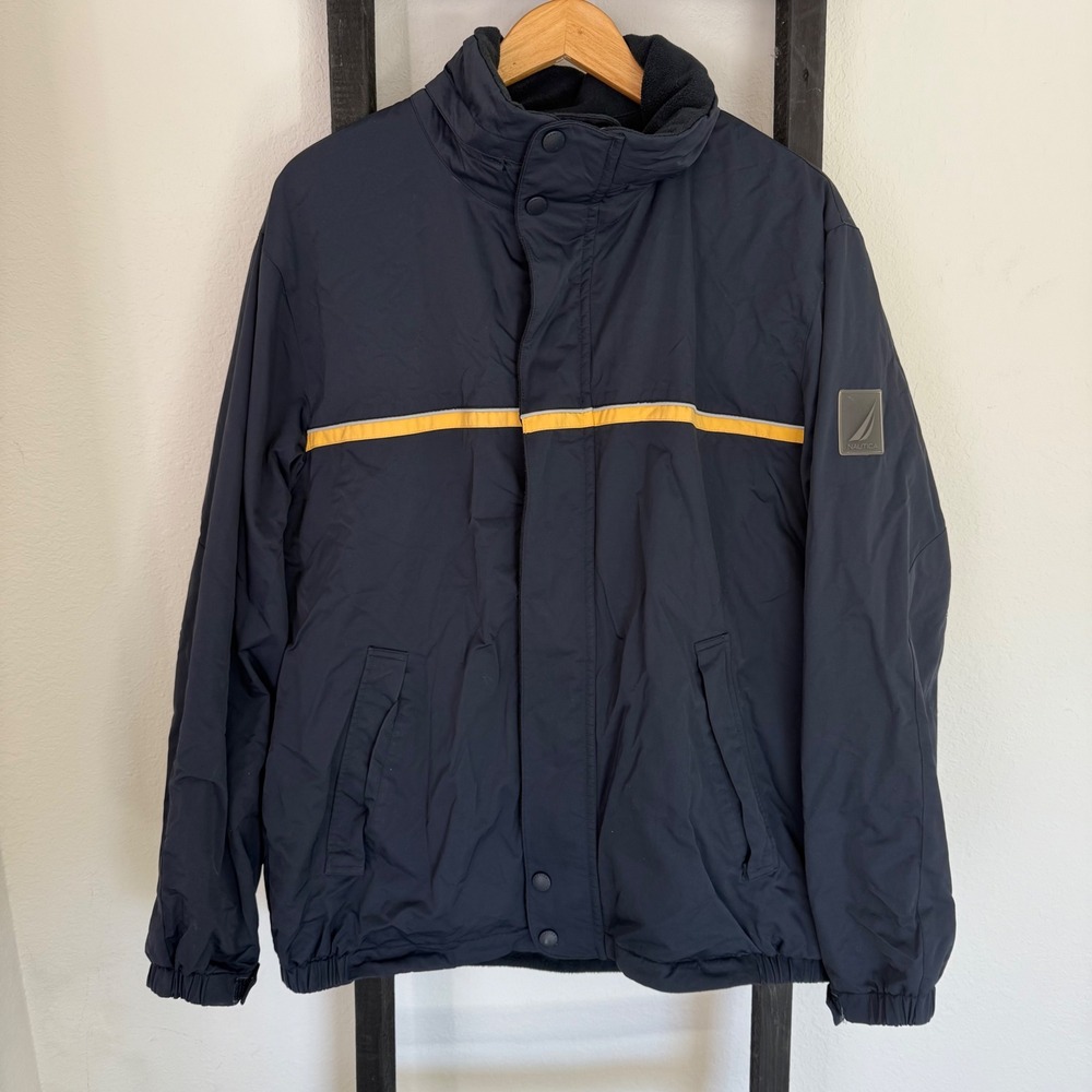 Vtg 90s Nautica Mens XL Navy Blue Fleece Lined‎ Jacket Concealed Hood Reversible
